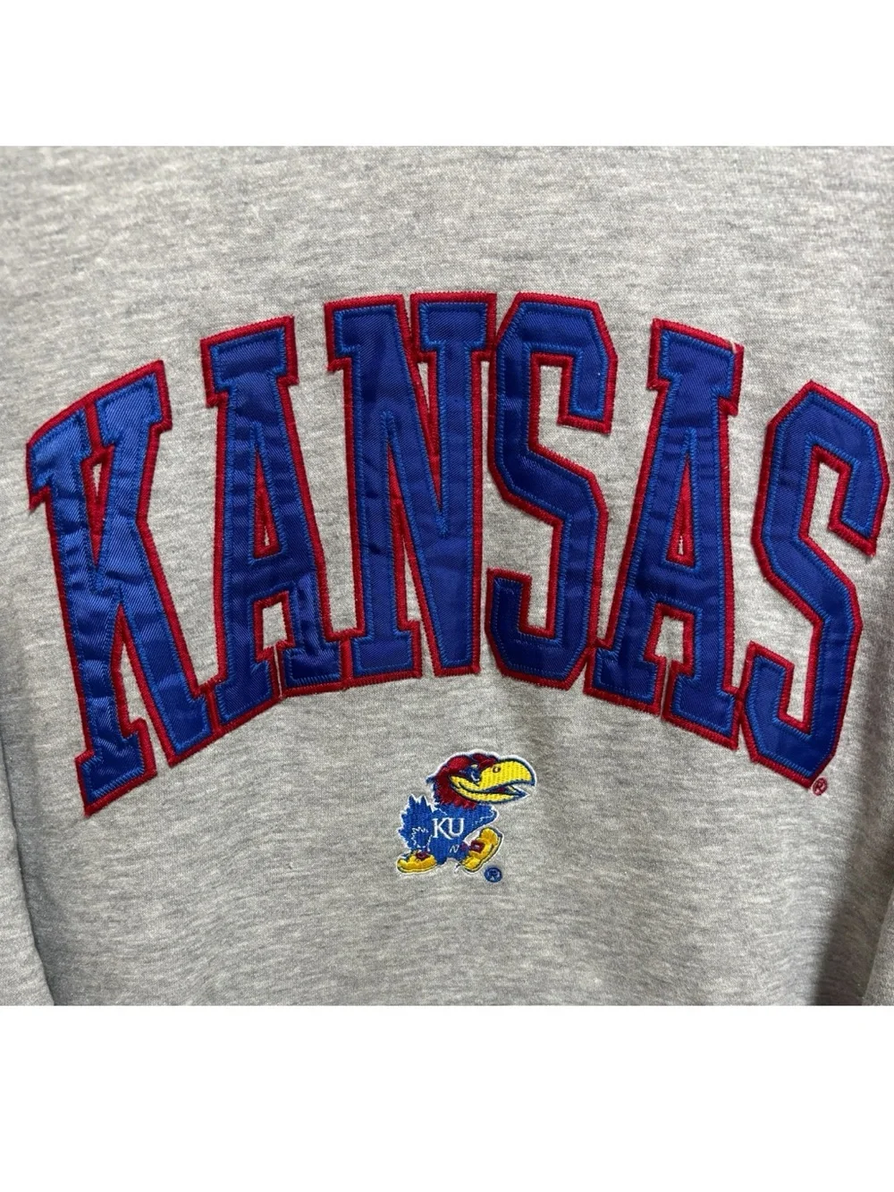 University of Kansas Y2K Hoodie Gray Unisex KANSAS Logo Pouch J. America Size L